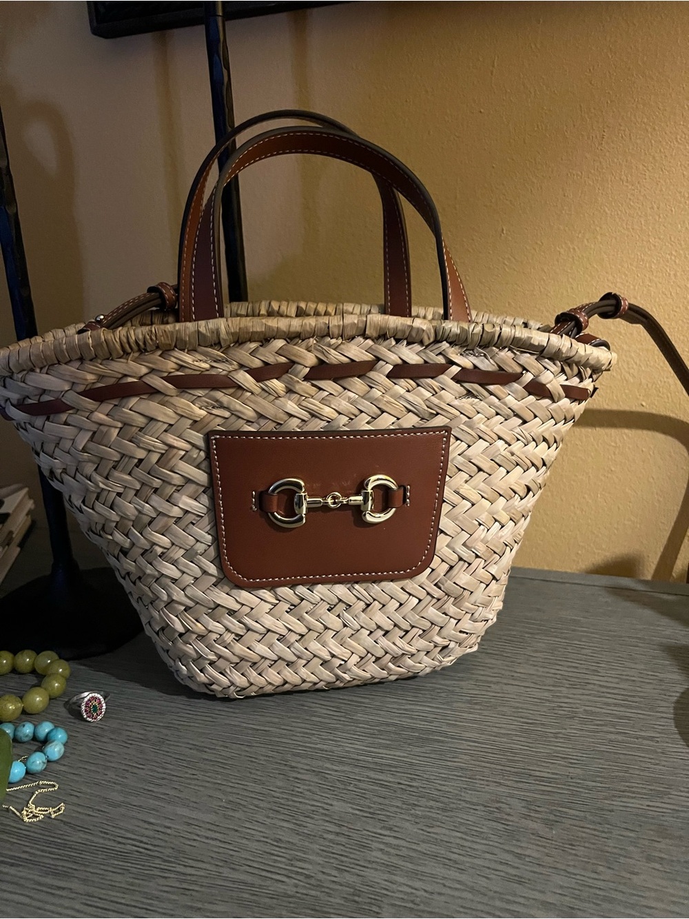 Mango Natural Straw Tote with Brown Leather Trim and Gold Hardware